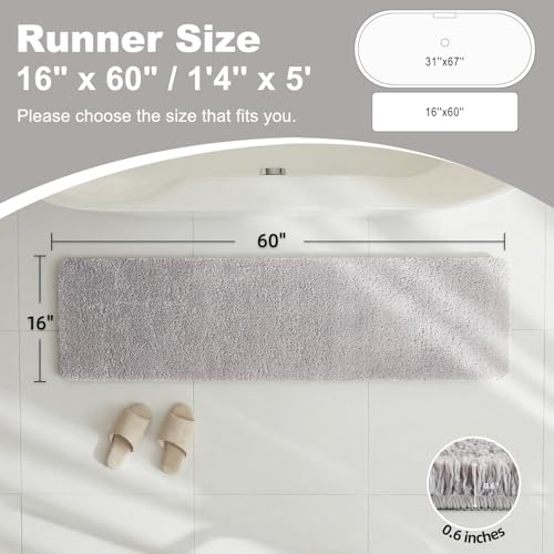 TYUU Light Grey Bathroom Runner Rugs, Ultra Soft Long Bath Mat Machine Washable Super Absorbent Quick Dry Bathroom Runner Rug 16 x 60 Non Slip, Light Grey 16" x 60" - color: Light Grey, size: 16" x 60"