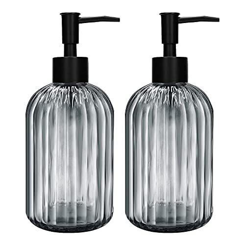 Pack of 2 Glass Soap Dispenser with Black Pump, 400 ml Refillable Pump Dispenser for Kitchen, Bathroom, Laundry Room, Liquid Glass Bottle for Washing Up Liquid, Shampoo, Conditioner (Gray) - color: Gray