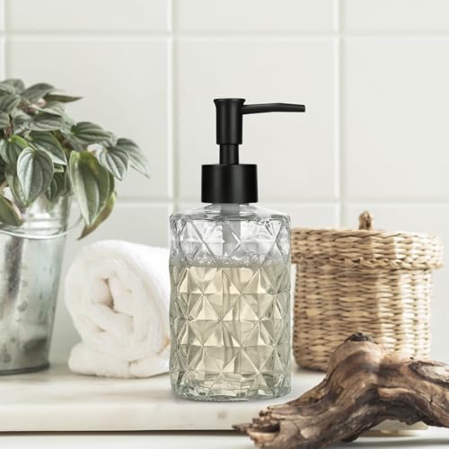 1 Pack 11oz Glass Soap Dispenser with Plastic Pump, Diamond Design Refillable Hand Soap Dispenser for Hand Wash, Bathroom and Kitchen - color: Transparent Clear
