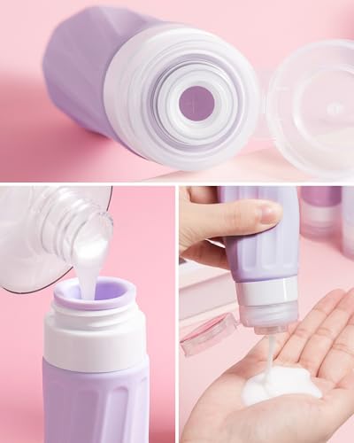 Mrsdry Travel Size Toiletries 8 Pack, TSA Approved 3oz Silicone Squeeze Bottles & Cream Jars with Clear Travel Bag - color: Lavender, size: 3oz bottle 3oz jar