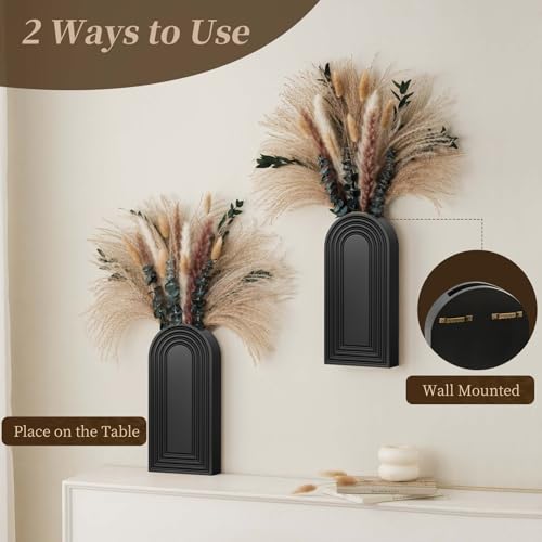 2 Pack Wooden Wall Vase Set with Pampas Grass Eucalyptus, Modern Farmhouse Boho Wall Decor for Living Room, Entryway, Hallway, Bathroom, Dining Room, Black Wall Art for Home Decoration - color: Black With Dry Flowers