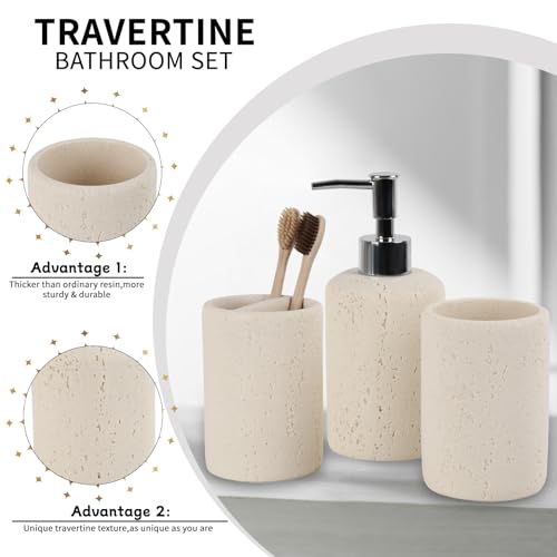 Bathroom Accessories Set,4 Piece Travertine Stone Look Bathroom Accessory Set with Soap Dispenser,Toothbrush Holder,Vanity Tray,Tumbler,Bathroom Organizer for Modern Bathrooms（Light Cream） - color: Light Cream