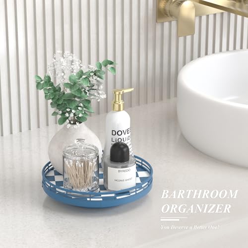 Premium Rubber Wood Lazy Susan Turntable, Blue White Checkerboard Decorative Serving Tray, Hand-Welded Metal Railing, Stable Rotating Organizer for Dining Table, Kitchen Counter, Coffee Table Decor - color: Blue & White, size: 9 inches