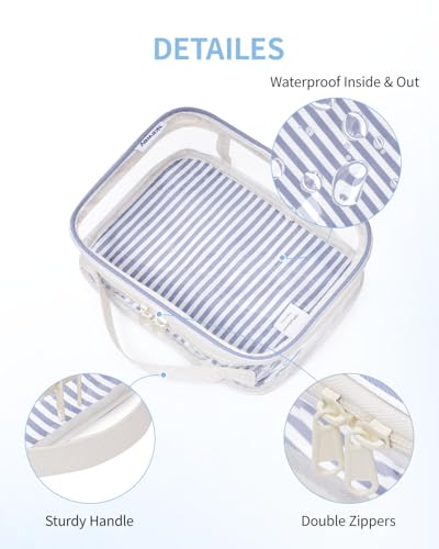 Narwey TSA Approved Clear Toiletry Bag for Travel, Waterproof PVC Clear Makeup Bags, Portable Compact Cosmetic Bag Make Up Organizer, Airport Airline Quart Size Compliant Bag (Greyish Blue Stripe) - color: Y-Greyish Blue Stripe