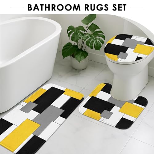 Yellow Geometric Shower Curtain Set with Toilet Lid Cover and Non-Slip Rugs for Bathroom, Black White Grey Checkered 4 Pcs Shower Curtain, Modern Abstract Bathroom Set with 12 Hooks - color: Abstract Geometric Yellow