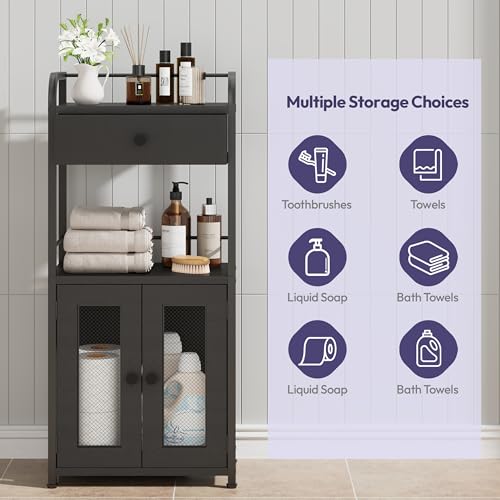 SWTYMIKI 14.57"x32.28" Bathroom Storage Cabinet – Freestanding Toilet Paper Storage with Doors & Drawer, Bathroom Organizers and Storage for Small Spaces, Laundry Room, Ideal for Towels, Black - color: Black