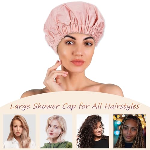 Reusable Shower Cap for Women – Large Waterproof Satin Shower Bonnet for Long, Curly & Braided Hair, Washable Bath Hair Cover, Pink - color: Pink