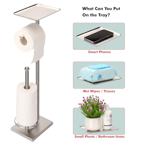 Toilet Paper Holder with Tray At the Top, Heavy-Weighted Stainless Steel Base No Wobbly, Freestanding Toilet Paper Rolls Stand, Hold Extra 3 Paper Rolls On the Base (Brushed Nickel) - color: Brushed Nickel