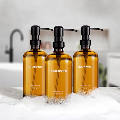 Amber Glass Shampoo and Conditioner Dispenser Set – Refillable 16 oz Pump Bottles with Concrete Tray – Luxury Bathroom Organization & Modern Shower Soap Dispensers - color: Amber Glass