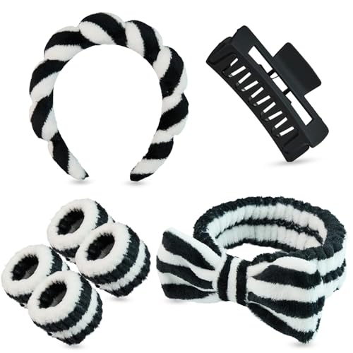 7 Pcs Spa Set, Facial Headband and Wristband Set, Skincare Accessories, College Style Girl Gift, Hair Accessories for Women and Girls（Black White Stripe ） - color: Black White Stripe