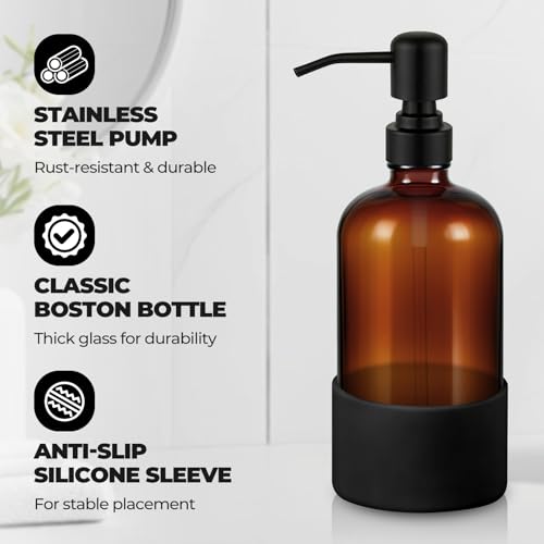 16 oz Hand and Dish Soap Dispenser Set for Kitchen and Bathroom, 500ml Amber Glass Soap Dispenser with Stainless Steel Pump, Non-Slip Silicone Sleeves, Labels - 2 Pack - color: Amber