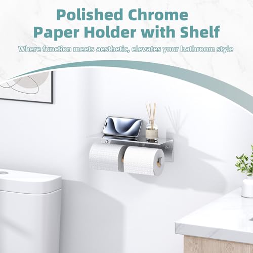 Double Toilet Paper Holder with Shelf Polished Chrome, APLusee SUS304 Stainless Steel Contemporary Bathroom Tissue Roll Holder Cell Phone Storage Rack - color: Polished Chrome, size: Double Rod