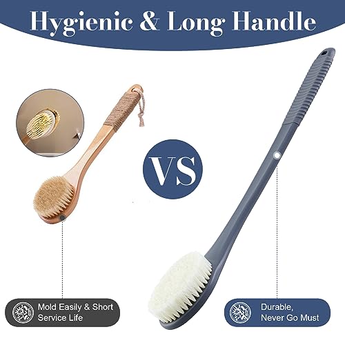 Back Scrubber for Shower, Shower Body Brush for Cleaning with Long Handle for Showering, 17 Inch Back Washer Exfoliator for Shower Men Women with Non-Slip Handle, Adhesive Hook (Gray) - size: Gray - Artificial Bristles