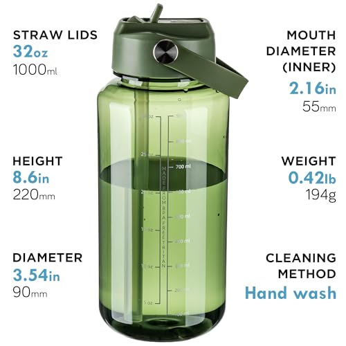 OLDLEY 32oz Water Bottle with Straw,Leakproof Tritan Clear Bottle with Marked Bottle and Carry Handle, BPA-Free Wide Mouth Reusable Sports Bottle for Gym,Hiking,Camping,Travel,Workout,Army Green - color: Army Green