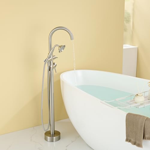Wowkk Tub Filler Freestanding Bathtub Faucet Brushed Nickel Floor Mounted Brass Bathroom Tub Faucets with Hand Shower - color: Brushed Nickel
