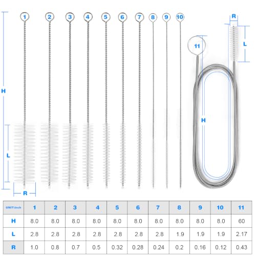 Ixiaoyoo 11 Pcs Cleaning Brushes Set, 8 Inch + 60 Inch Cleaner Brushes | White Nylon Brushes Kit for Bottles, Tumbler, Sippy Cups, Pet Waterers, Drinking Straws, Pipes, Sink Drain, Fish Tank, Hose - color: White Cleaning Brush Set