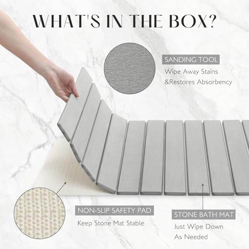 KEYCHAD Large Stone Bath Mat, 31"x 23.5" Non-Slip Diatomaceous Earth Bath Mat, Ultra-Absorbent Quick-Drying Stone Drying Mat for Kitchen Bathroom Pet Bowl, Rollable & Foldable Stone Bath Mat, Gray XL - color: Folding Xl-gray