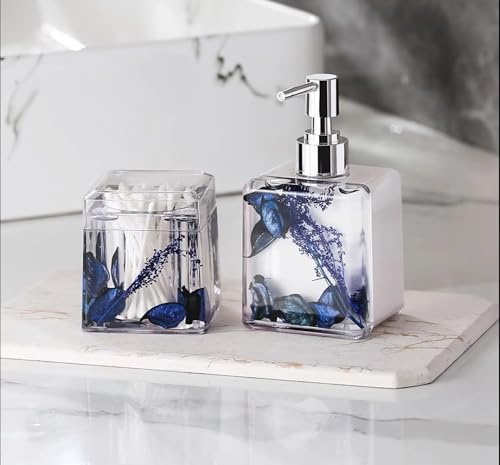 Blue Clear Bathroom Accessories Set,4PCS Flower Acrylic Bathroom Accessory Sets Complete, Lotion Soap Dispenser, Tumbler, Qtip Holder, Soap Dish, Modern Bathroom Décor Set, Gift for Home - color: Blue-4pcs