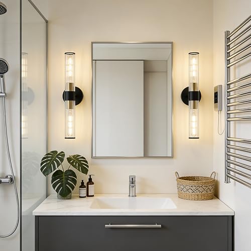 Bathroom Light Fixtures 2 Pack Hardwired, Black Gold Wall Sconce Threaded Glass Vanity Light Featuring Two E26 sockets, Bathroom Wall Light Dimmable - Bulb Not Included, UL Certification - color: Black Gold Threaded Glass-2Pack