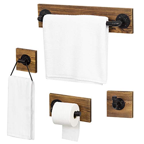 MyGift 4-Piece Bathroom Hardware Set Toilet Paper Holder with Burnt Wood and Industrial Matte Black Metal Pipe Includes, Towel Ring, Towel Bar and and Robe Hook - color: Burnt Wood