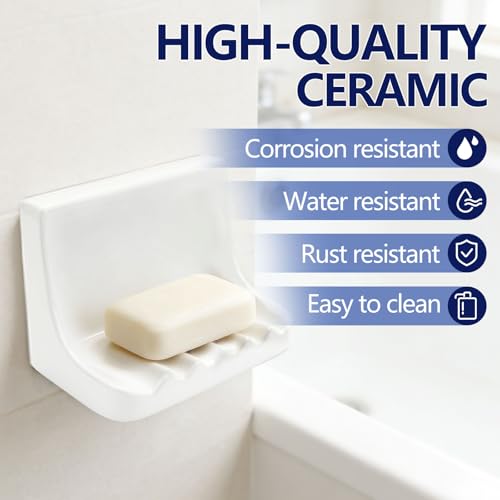 White Vintage Ceramic Mounted Soap Dish for Shower Wall Home Bathtub Bathroom Sink, Retro Ceramic Shower soap Holder Porcelain Soap Dish Holder Tray Wall Mount Soap Dish