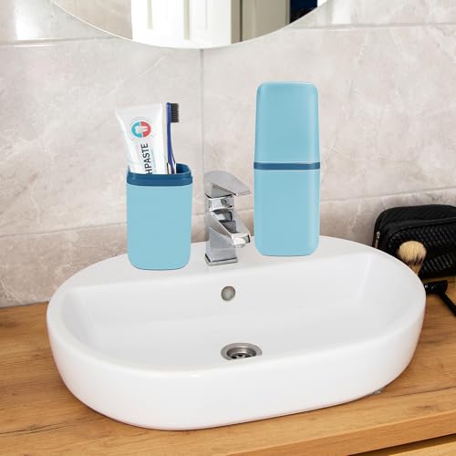 COMNICO Travel Toothbrush Cup Case Portable PP Seal Tooth Brush Holders Cover Multi-Function Toothpaste Storage Container Cup for Home School Camping Business Trip Bathroom (Blue) - color: Blue