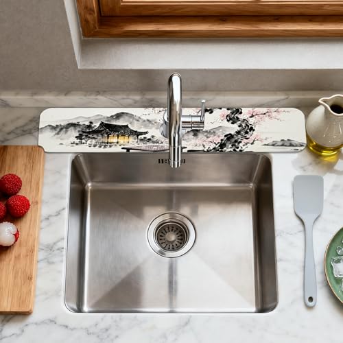 2 Pcs Kitchen Sink Splash Guard Faucet Mat Chinese Style Faucet Mat for Sinks Ink Painting Absorbing Drying Mats for Kitchen Bathroom, 23.6x5.5inch - color: Chinese Style Ink Painting