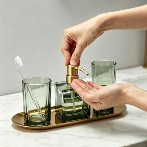 Square Bathroom Soap Dispenser Green Bottle with Brushed Gold Pump, Retangle Cube 8.4 oz Glass Bottles with Stainless Steel Pump Hand Liquid Soap Dispenser Kitchen - color: Green and Brushed Gold Pump, size: 8.4oz-Square