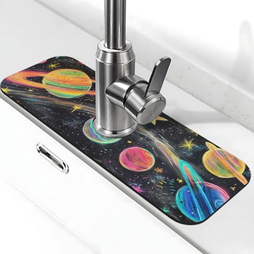 Kitchen Sink Splash Guard Faucet Mat, Colorful Planets Stars Space Diatom Mud Absorbent Draining Mat For Kitchen Sink Bathroom - color: Colorful Planets Stars Space, size: One Size
