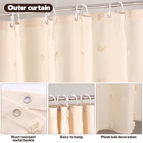 3 Pcs Boho Farmhouse Bathroom Shower Curtain Set with Waffle Bath Mat and Hand Towel Cream 71” x 71” Waterproof Neutral Shower Curtain Non Slip with 12 Hooks for Bathroom and Hotel Tub Decor