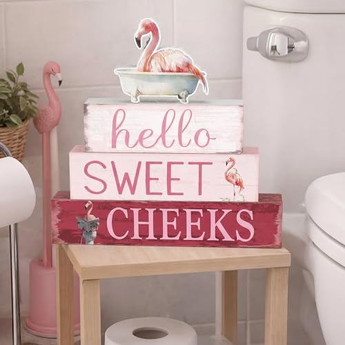 Cinnvoice 4 Pcs Flamingo Bathroom Decor Farmhouse Bathroom Decoration Hello Sweet Cheeks Table Centerpiece Gift for Christmas Valentines Back to School - style: Flamingo Hello Sweet Cheeks