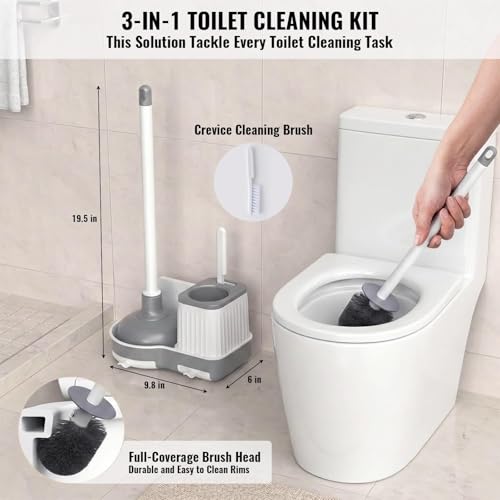 3-in-1 Toilet Brush and Plunger Set with Hidden Holder, Vented Stand & Drip Tray, Hangable or Freestanding, 360° Deep-Clean Brush Head + Gap Brush, Shatter-Resistant Handles（White）