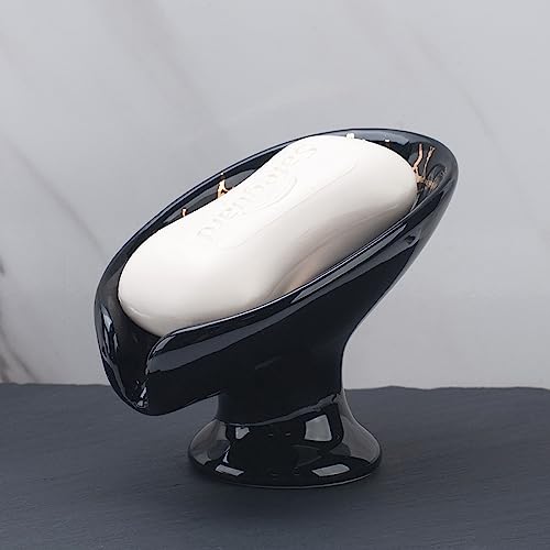 Soap Dish, Ceramic Soap Holder, Self Draining Soap Dish Holder, Leaf Shape Soap Bar Holder (Black)