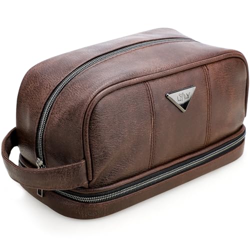 emissary Leather Travel Toiletry Bag for Men, Dopp Kit - Coffee | Water-resistant leather, large capacity + organizer pockets; refined men's travel Dopp kit, carry-on ready - color: Brown