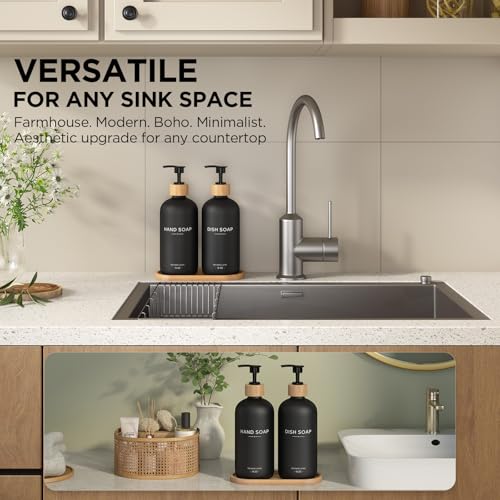 Hand and Dish Soap Dispenser Set,16oz Glass Bottles with Bamboo Pumps & Tray,Countertop Soap Dispensers for Kitchen,Luxury, Minimalist & Farmhouse Decor - color: Hand Dish (Black)