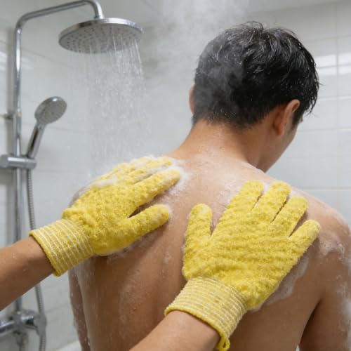 Exfoliating Bath Gloves 2 Pairs - Heavy Texture Body Scrub Gloves for Shower, Spa, Massage and Body Scrubs, Dead Skin Remover, Washing Gloves with Hanging Loop(Yellow) - color: Yellow
