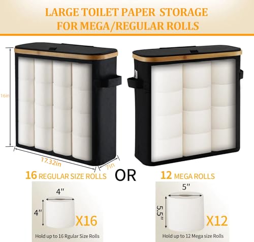 Toilet Paper Basket With Lid for Mega Rolls, Large Bamboo Organizer Holder Stand for Bathroom, Enclosed Tissue Storage Bin Box Container, Free Standing, Beige - size: For Mega/Small Size TP Roll