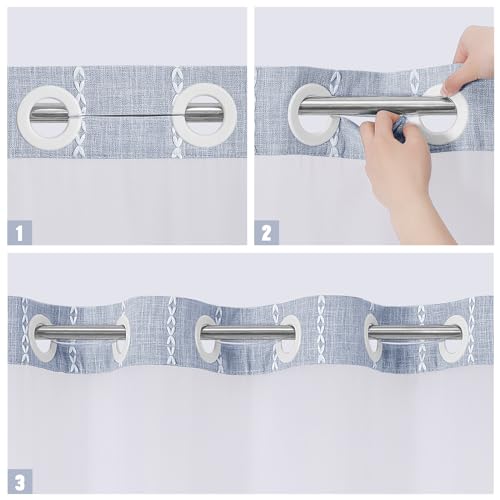 MitoVilla No Hooks Needed Farmhouse Shower Curtain with Snap-in Liner - with Window & Magnets, Boho Cotton Linen Fabric Shower Curtains with Tassels for Rustic Bathroom Decor, Blue, 72 x 74 - color: Blue - Win
