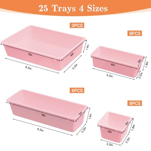 SpaceHacks 25 PCS Plastic Drawer Organizer Set, 4-Size Versatile Organizer Trays & storage Bins for Makeup, Jewelry, and Gadgets in Bathroom, Bedroom and Office, Pink - color: Pink