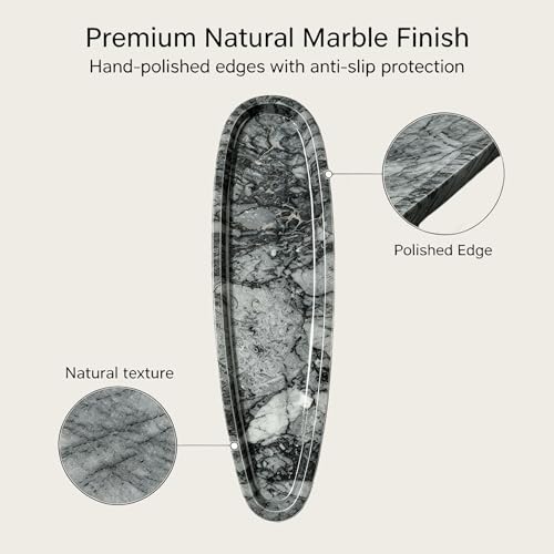 Natural Marble Vanity Tray, 16.6"x4.6" Grey Real Stone Decorative Tray for Bathroom Countertop & Home Decor, Catchall Organizer for Jewelry, Candles, Cosmetics & Perfume（Grey） - color: Black Gray