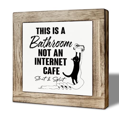 Bathroom Wooden Box Sign, This Is A Bathroom Not an Internet Cafe, Funny Toilet Decor Sign, Rustic Farmhouse Restrooms Wood Signs, Square Wood Block Signs Table Decor 5.9×5.9 inch - color: color37