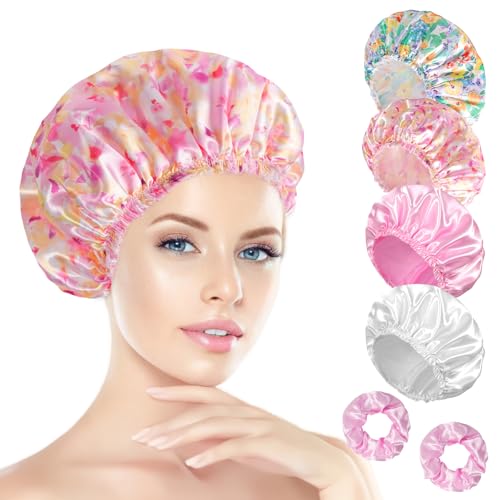 Shower Cap for Women Set of 4, Bath Caps, Double Layers Hair Caps + 2 Satin Hair Scrunchies, Reusable Waterproof Shower Caps, Elastic Hair Cap for Shower - Pattern B - color: Pattern B