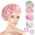 Shower Cap for Women Set of 4, Bath Caps, Double Layers Hair Caps + 2 Satin Hair Scrunchies, Reusable Waterproof Shower Caps, Elastic Hair Cap for Shower - Pattern B - color: Pattern B