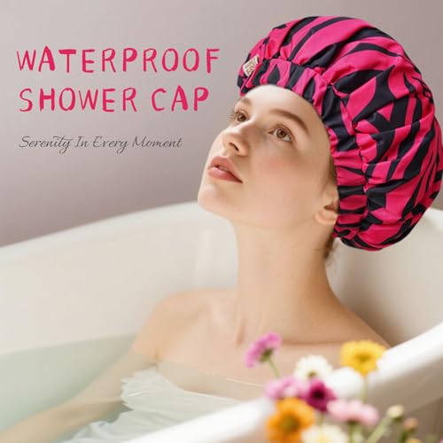 Years Calm Shower Caps for Women Reusable Waterproof, Double-Layer Extra Large Elastic Hair Cap for Shower for Long Hair & Braids, Travel & Home - color: pink