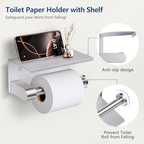 TQKAG 5 Piece Bathroom Towel Bar Holder Sets Brushed Nickel Bathroom Hardware Set Stainless Steel Toilet Paper Holder with Shelf Bathroom Accessories Kit Wall Mounted - color: Brushed Nickel, size: 5-Pieces Set-A