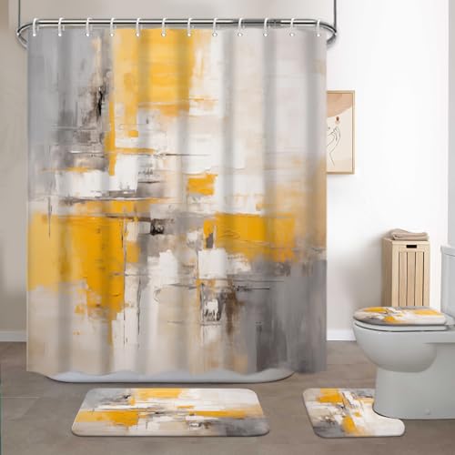 Lnond 4Pcs Bathroom Shower Curtain Sets with Rugs,Yellow Grey Ombre Bathroom Sets with Shower Curtain and Rugs and Accessories - color: Yellow Grey