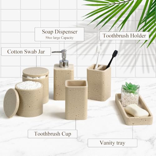 Bathroom Accessories Set, 6 Piece Bathroom Set with Toothbrush Holders, Soap Dispenser, Vanity Tray, Tumbler, Cotton Swab Jars, Bathroom Organizer for Bathroom，Bathroom Sink Sets Travertine Beige - color: Travertine Beige