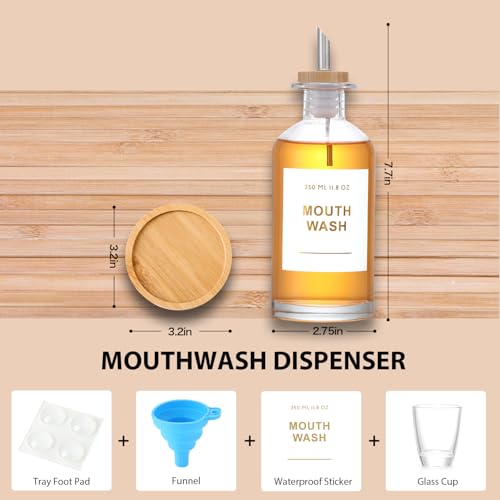 11.8OZ Glass Mouthwash Dispenser for Bathroom with Stainless Steel & Bamboo Nozzle, Mouthwash Cup Reusable, Bamboo Tray, and Elegant Gold Sticker.（Clear - color: Clear/350*1