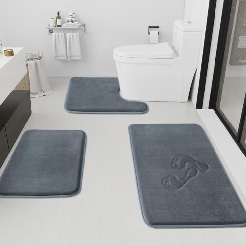 HUXMEYSON Bathroom Rugs Sets 3 Piece, Non-Slip & Quick Dry Bath Mat Set, Ultra Soft Velvet Bath Rugs for Bathroom, Toilet and Shower Floor, Grey - color: Grey, size: 17"x24"+20"x32"+U Shape 20"x24"