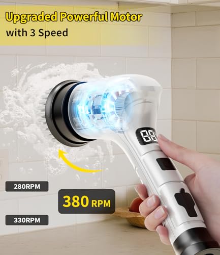 Electric Spin Scrubber, Cordless Household Cleaning Brush with 6 Replaceable Heads, 3 Speeds, LED Display, Lightweight Handheld Power Scrubber for Cleaning Stove/Bowl/Sink/Corner/Tile/Grout-White - color: White